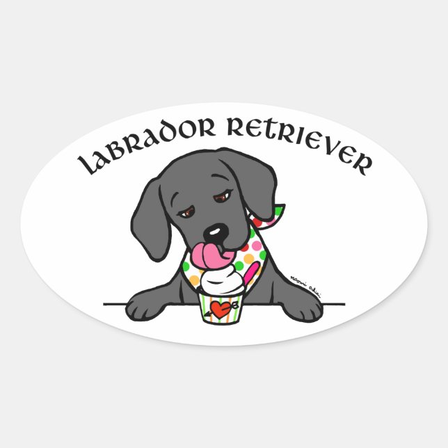 Black Lab Puppy Ice Cream Cartoon Oval Sticker (Front)