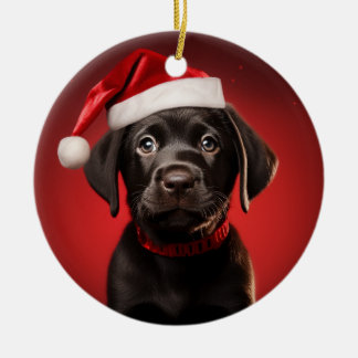 Black Lab Puppy in Santa Hat Ceramic Tree Decoration