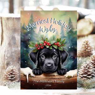 Black Lab Puppy in Winter Forest Christmas Wishes Holiday Card
