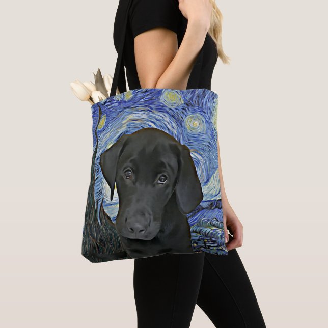 Black Lab Puppy Starry Night Van Gogh Inspired  Tote Bag (Close Up)