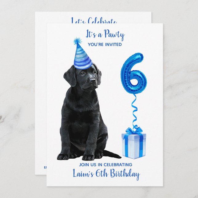 Black Lab Puppy Theme 6th Birthday Blue Boy Pawty Invitation (Front/Back)
