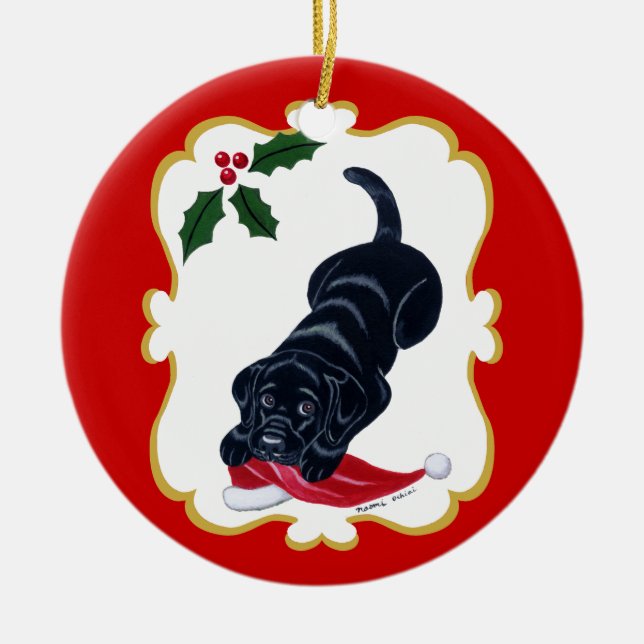 Black Lab Puppy with Santa Hat Ceramic Tree Decoration (Front)