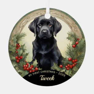 Black Lab Puppy's First Christmas Metal Ornament
