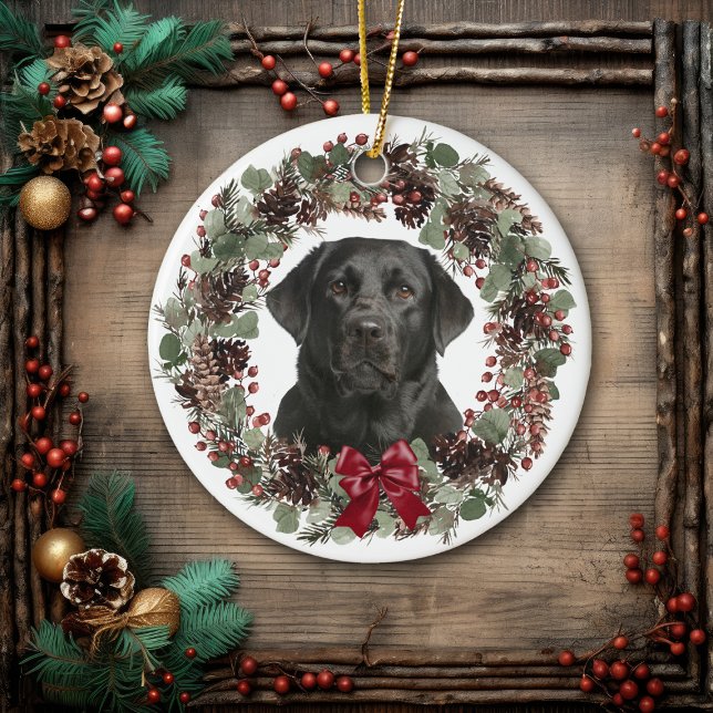 Black Lab Red Bow Pinecone Wreath Personalised Ceramic Tree Decoration (Creator Uploaded)