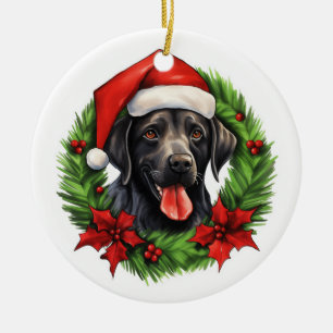 Black lab retriever holiday wreath ceramic tree decoration