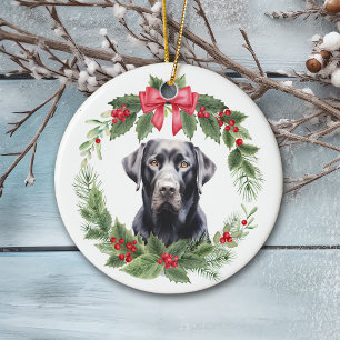 Black Lab Retriever Red Bow Holly Wreath Ceramic Tree Decoration