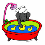 Black Lab & Rubber Ducks Cartoon Photo Sculpture Magnet<br><div class="desc">Whimsy and funny Labrador Retriever Dog Cartoon created by Naomi Ochiai from Japan. Great fun gifts for dog lovers who love Black Labradors. An adorable Black Labrador puppy is playing with rubber ducks in the bathroom wearing a shower turban on his/her head! Great combination of Labrador dog and ducks and...</div>