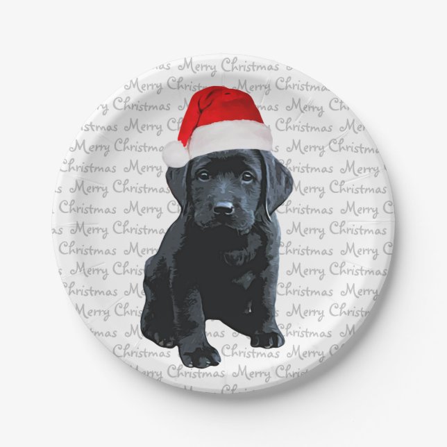 Black Lab Santa Dog -Merry Christmas Labrador Dog Paper Plate (Front)