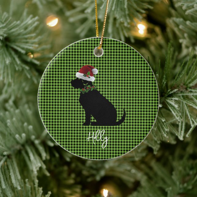 Black Lab Santa Hat Holly NAME Merry Christmas Ceramic Tree Decoration (Tree)