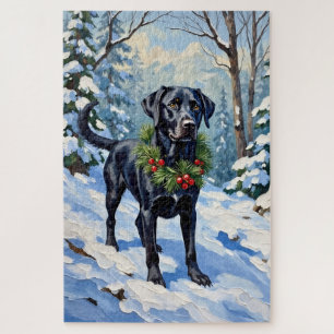 Black Lab Serene Winter Forest Christmas Holiday Jigsaw Puzzle