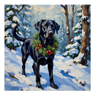 Black Lab Serene Winter Forest Christmas Holiday Poster
