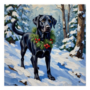 Black Lab Serene Winter Forest Christmas Holiday Poster