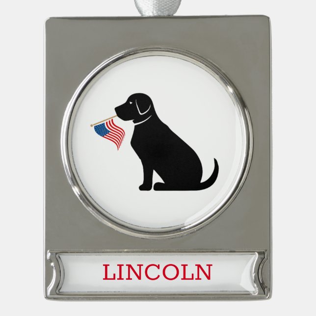 Black Lab Silhouette American Flag Pet NAME USA Silver Plated Banner Ornament (Front)