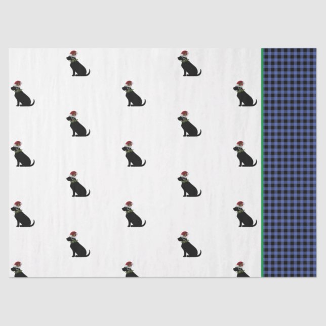 Black Lab Silhouette Christmas Pattern Blue Check Tissue Paper (Front)