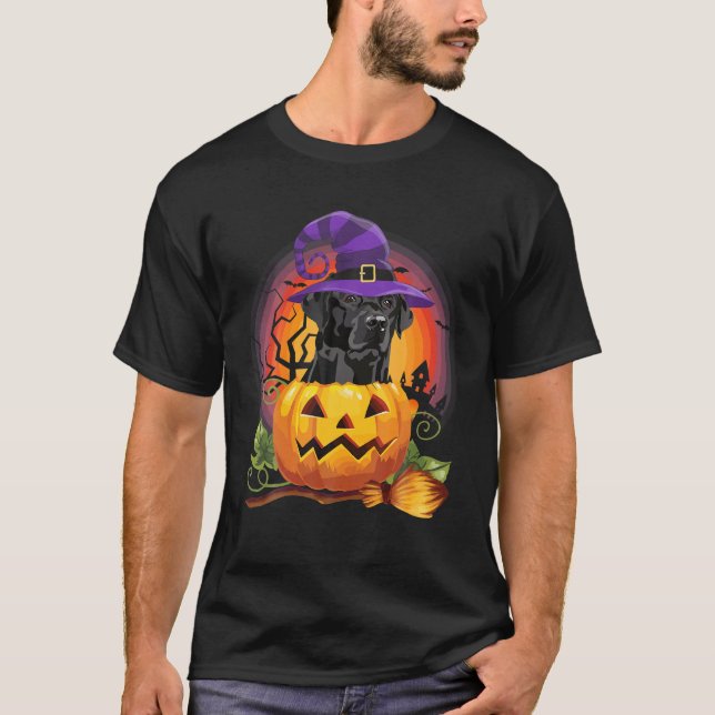 Black Lab Witch Pumpkin Halloween Dog Lover T-Shirt (Front)