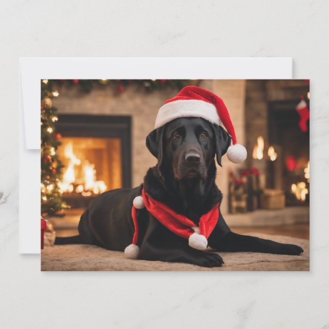 Black Lab with Santa hat Holiday Card (Front)