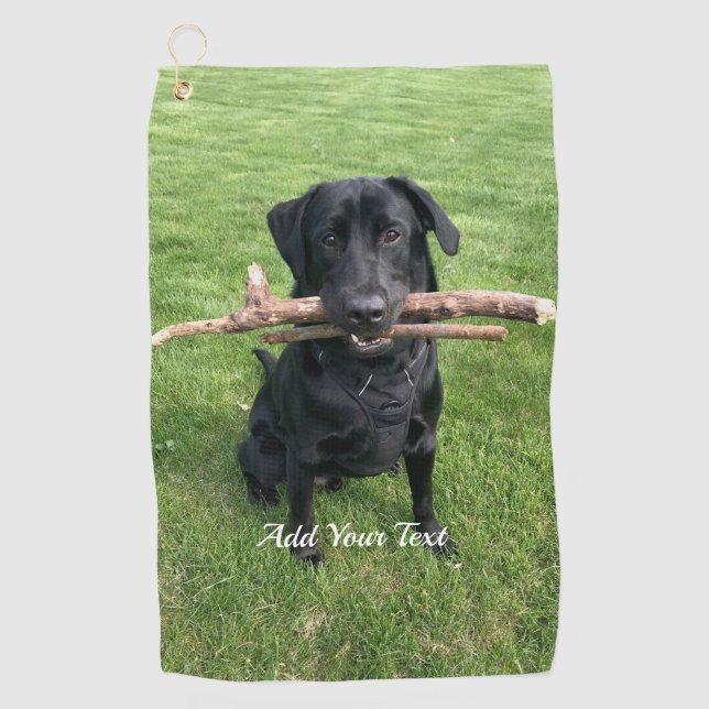 Black Lab with two sticks Dog Photo and Name Golf Towel (Front)