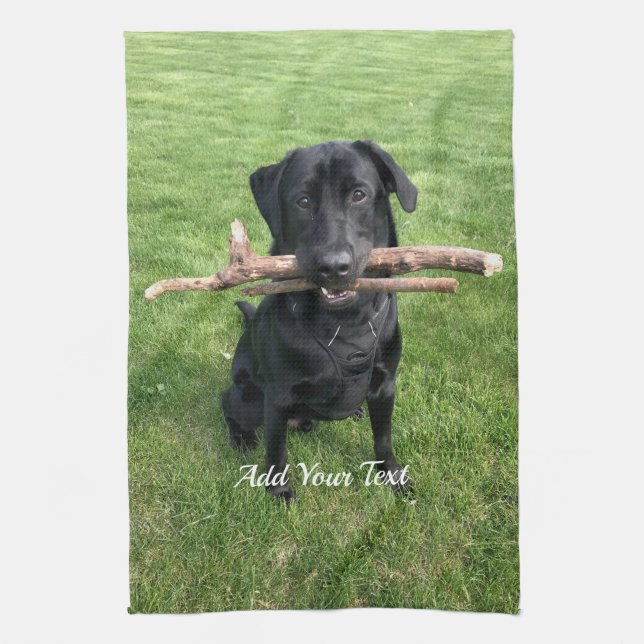 Black Lab with two sticks Dog Photo and Name Tea Towel (Vertical)