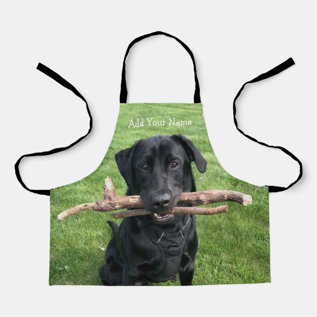 Black Lab with two sticks Dog Photo Apron (Front)