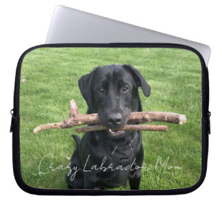 Black Lab with two sticks Personalised Photo Text Laptop Sleeve