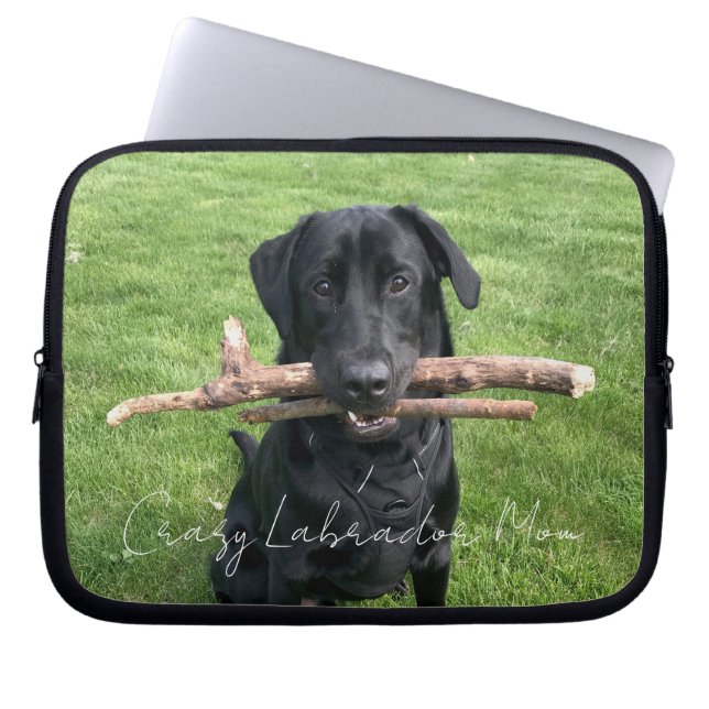 Black Lab with two sticks Personalised Photo Text Laptop Sleeve (Front)