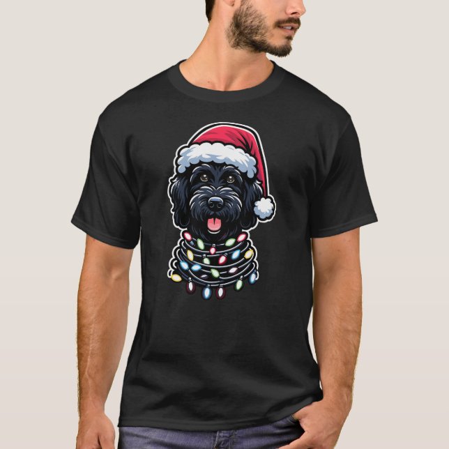 Black Labradoodle Christmas Tree Lights Black Dood T-Shirt (Front)
