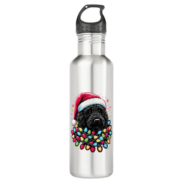 Black Labradoodle Christmas Tree Xmas Lights Doodl 710 Ml Water Bottle (Front)