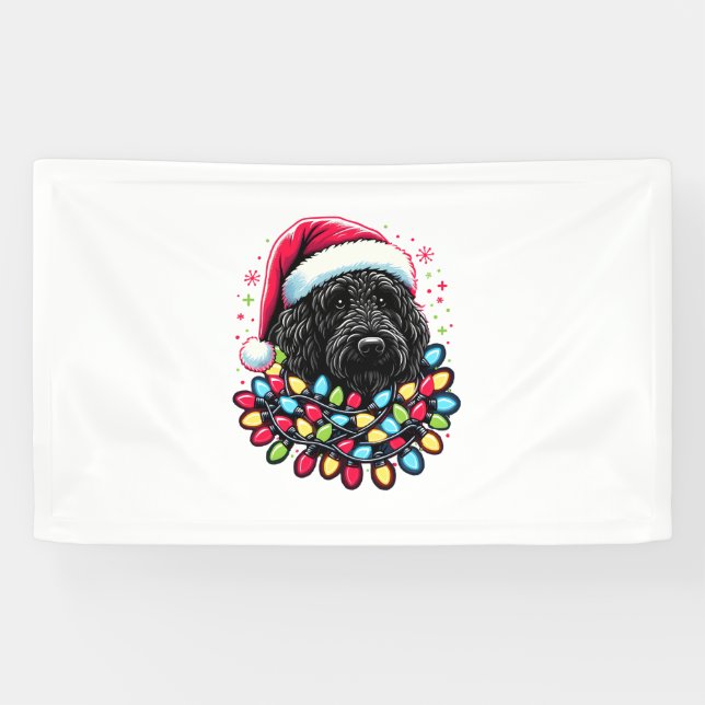 Black Labradoodle Christmas Tree Xmas Lights Doodl Banner (Horizontal)