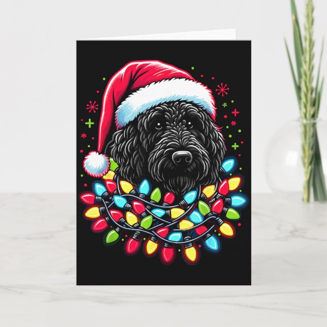 Black Labradoodle Christmas Tree Xmas Lights Doodl Card (Front)