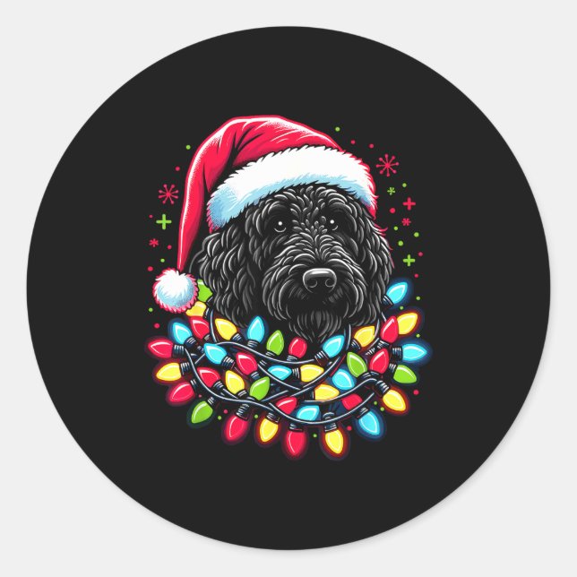 Black Labradoodle Christmas Tree Xmas Lights Doodl Classic Round Sticker (Front)