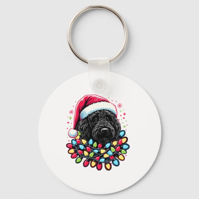 Black Labradoodle Christmas Tree Xmas Lights Doodl Key Ring (Front)