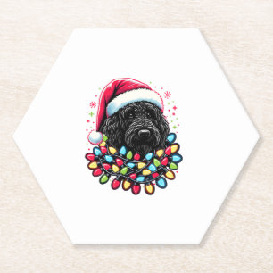 Black Labradoodle Christmas Tree Xmas Lights Doodl Paper Coaster