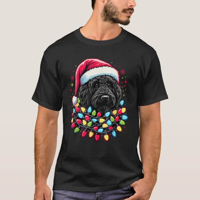 Black Labradoodle Christmas Tree Xmas Lights Doodl T-Shirt (Front)