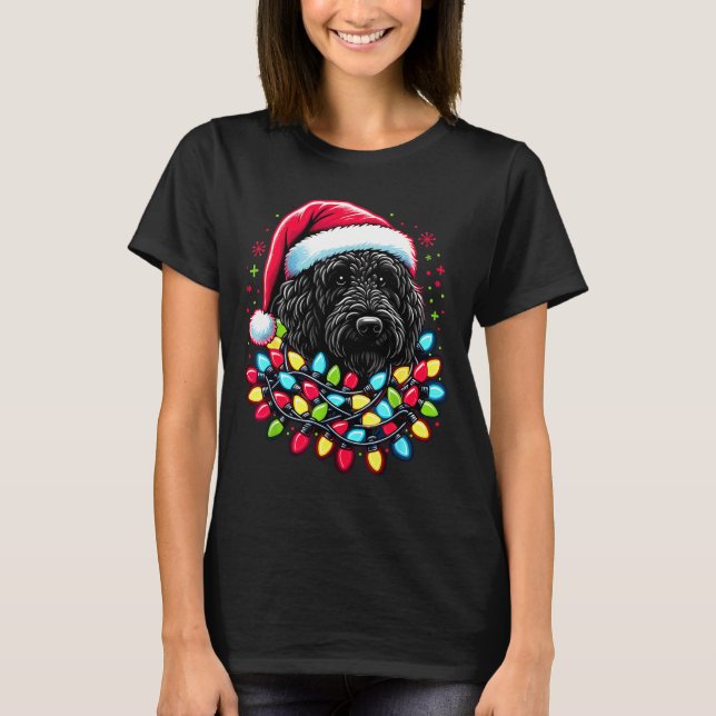 Black Labradoodle Christmas Tree Xmas Lights Doodl T-Shirt (Front)