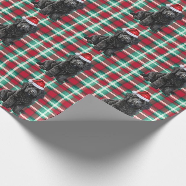 Black Labradoodle Dog and Holiday Plaid Christmas Wrapping Paper (Corner)