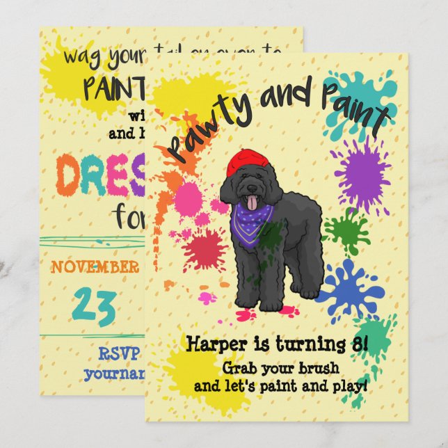Black Labradoodle Dog Art Birthday Party Invite (Front/Back)