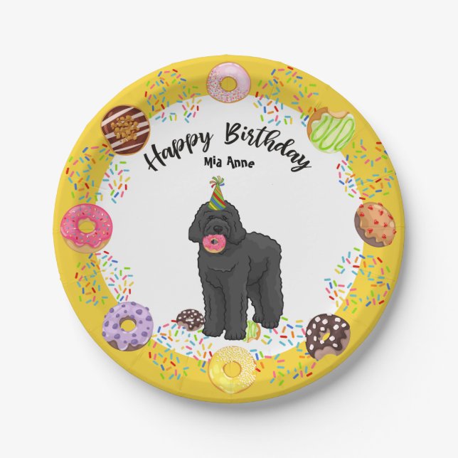 Black Labradoodle Dog Birthday Party Paper Plate (Front)