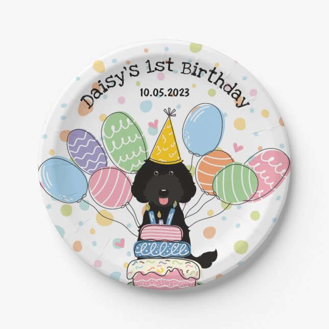 Black Labradoodle Dog Birthday Party Paper Plates (Front)