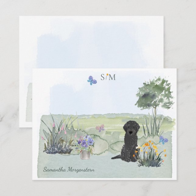Black Labradoodle Dog Butterfly Monogram & Name  Card (Front/Back)