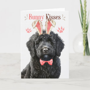Black Labradoodle Dog in Bunny Ears for Easter Holiday Card