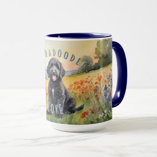 Black Labradoodle Puppy, Customisable Sunrise Mug (Front Right)