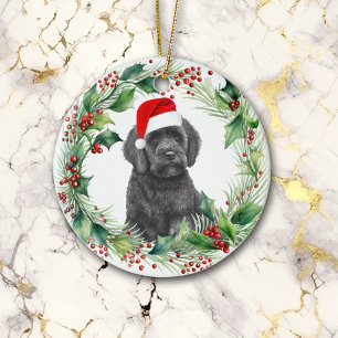 Black Labradoodle Puppy Holly Wreath Christmas Ceramic Tree Decoration