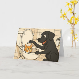 Black Labrador and Cat funny Bathroom Cartoon  Card