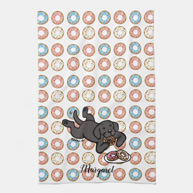 Black Labrador and Doughnuts Tea Towel (Vertical)