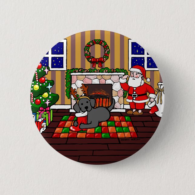 Black Labrador and Santa Christmas Cartoon 6 Cm Round Badge (Front)