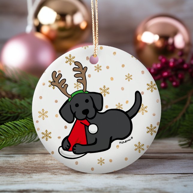 Black Labrador and Santa Christmas Cartoon Ceramic Tree Decoration (Black Labrador Santa Christmas Ornament for Labrador Owners.  Personalized gift idea.)