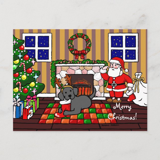 Black Labrador and Santa Christmas Cartoon Holiday Postcard (Front)