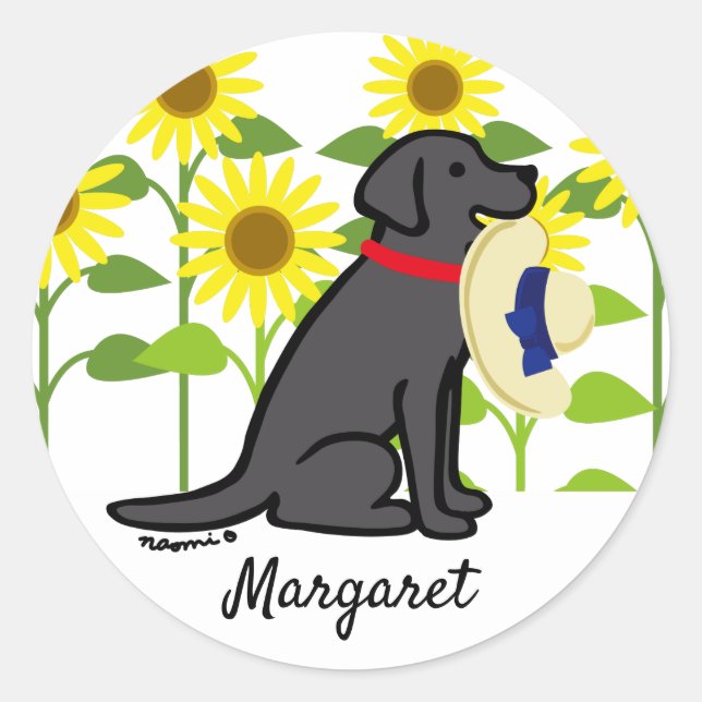 Black Labrador and Sunflowers Summer Classic Round Sticker (Front)