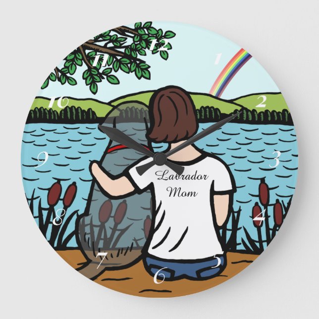 Black Labrador Angel and Mom Large Clock (Front)