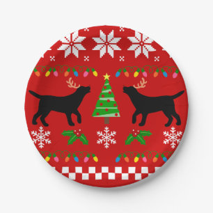 Black Labrador Antlers Christmas Paper Plate